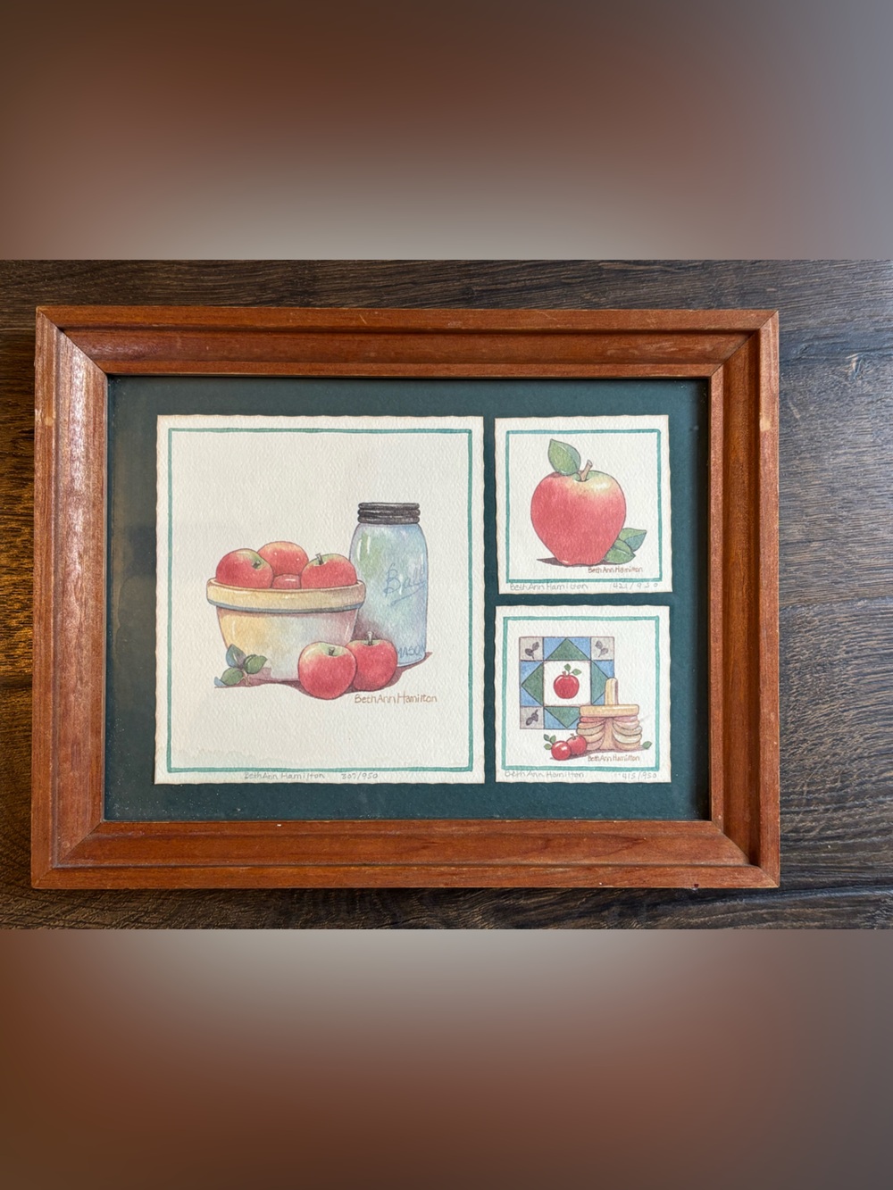 Beth Ann Hamilton Signed Limited Edition Apple Folk Art Print Triptych Frame